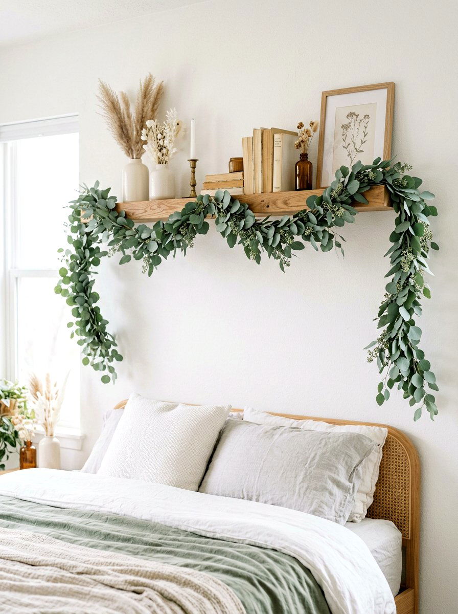 Eucalyptus Garland Shelf - 30 spring shelf styling ideas aesthetic
