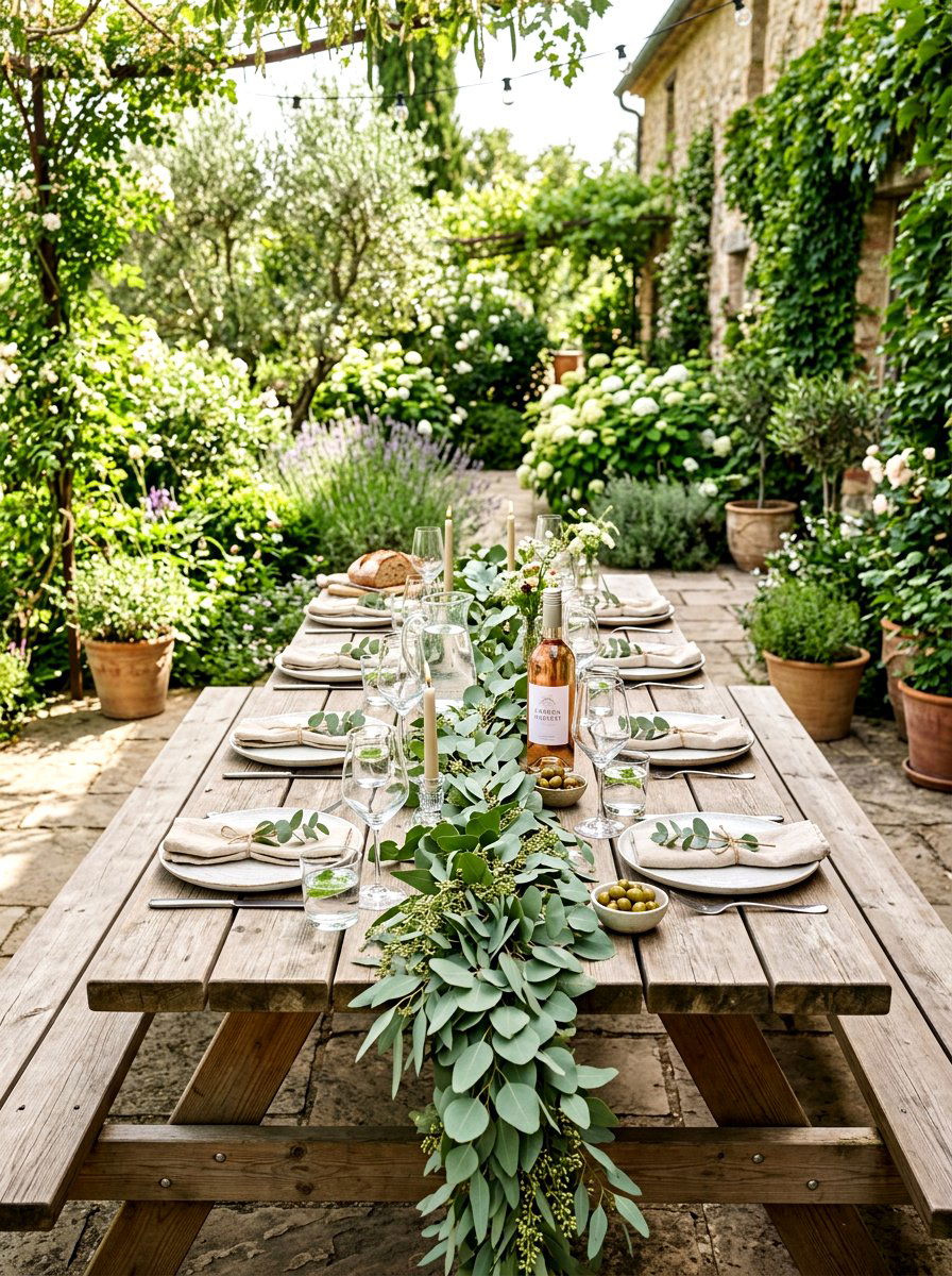 Eucalyptus Greenery Picnic Table - 30 outdoor picnic table decor ideas