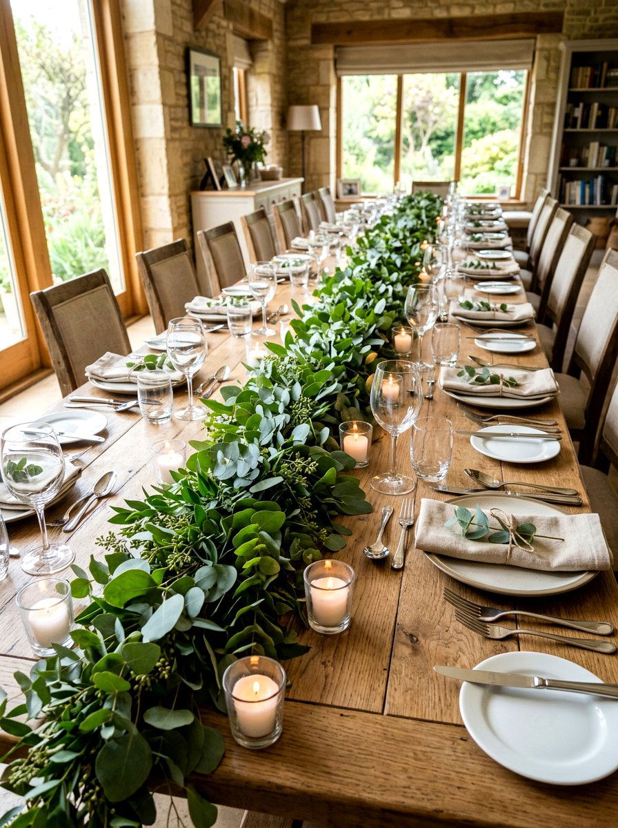 Eucalyptus Leaf Table Garland - 30 farmhouse table decor ideas