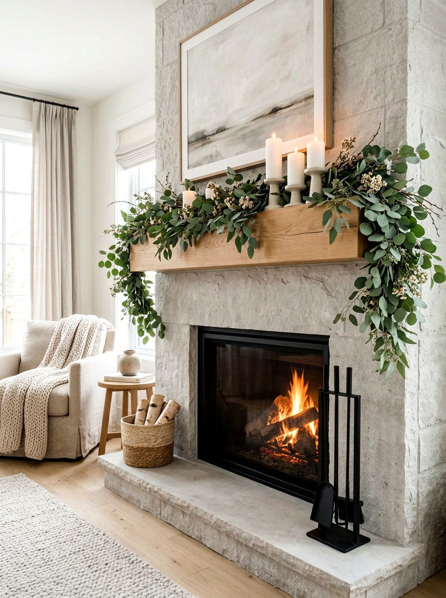 Eucalyptus Mantel - 30 holiday mantel garland ideas