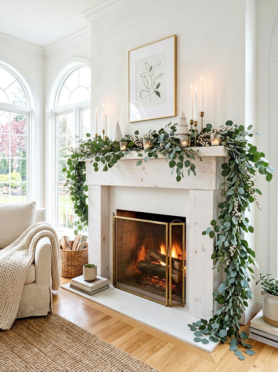 Eucalyptus Winter Mantel - 30 winter mantel decor ideas