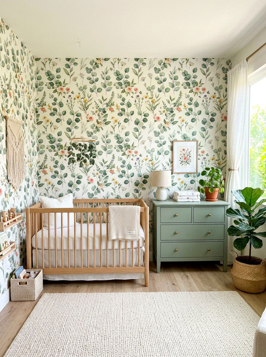 Eucalyptus and floral nursery wallpaper - 30 floral nursery wallpaper ideas