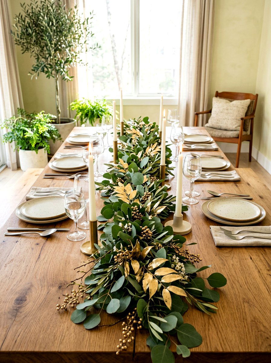 Eucalyptus and gold leaf garland - 30 New Year table decor ideas