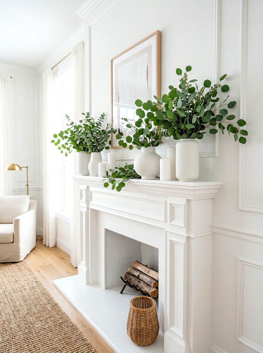 Eucalyptus and white ceramic mantel - 30 spring mantel decor ideas