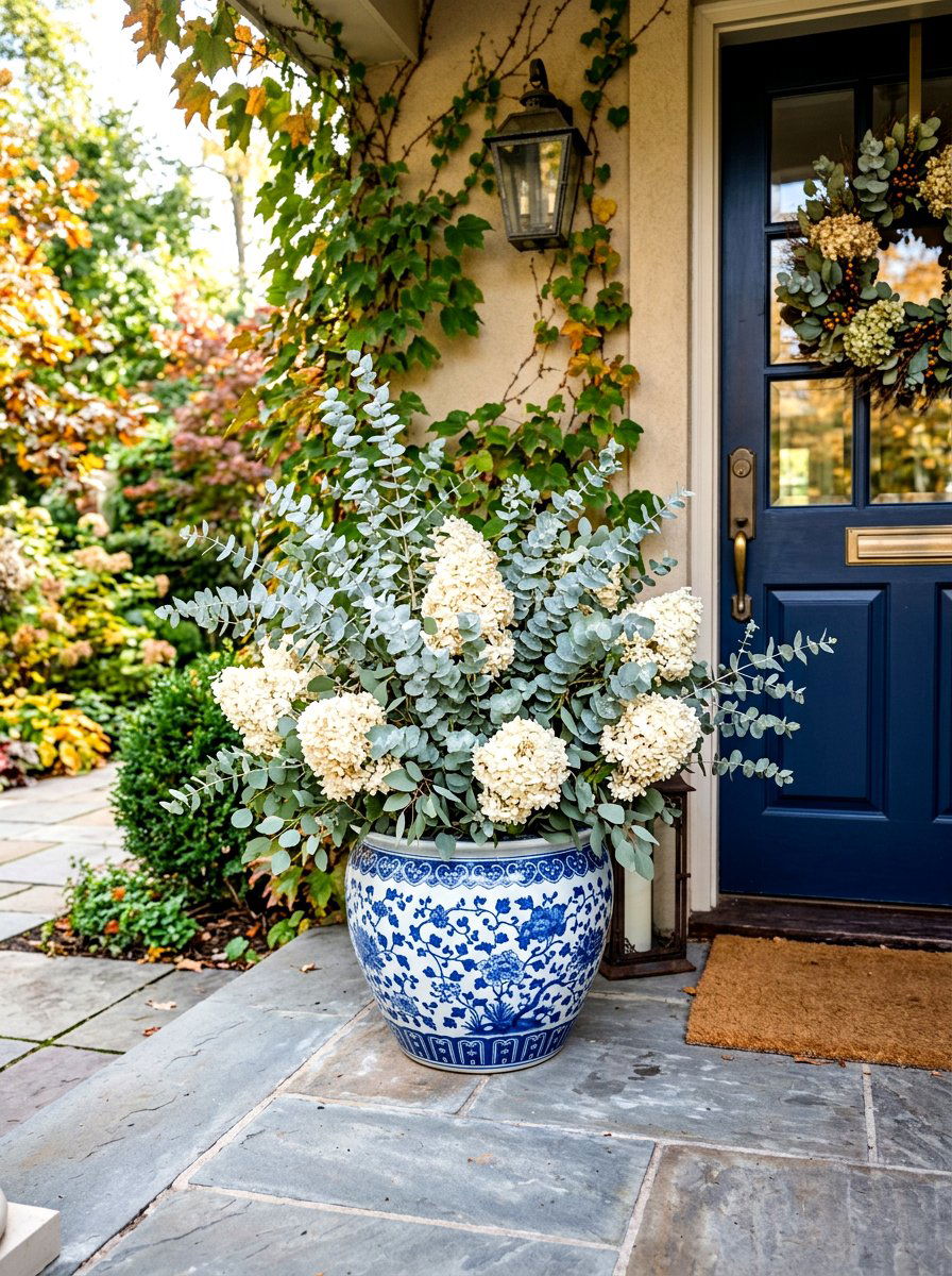 Eucalyptus and white hydrangea fall pot - 30 autumn planter ideas