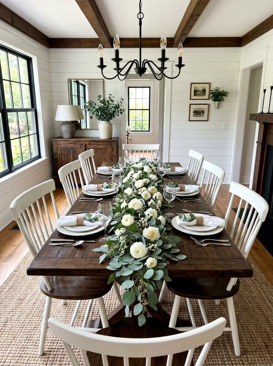 Eucalyptus and white rose table runner - 30 floral table runner ideas