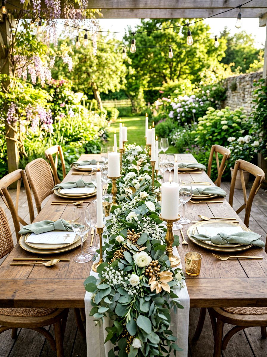 Eucalyptus garland dining table runner - 30 garden salad tablescape ideas