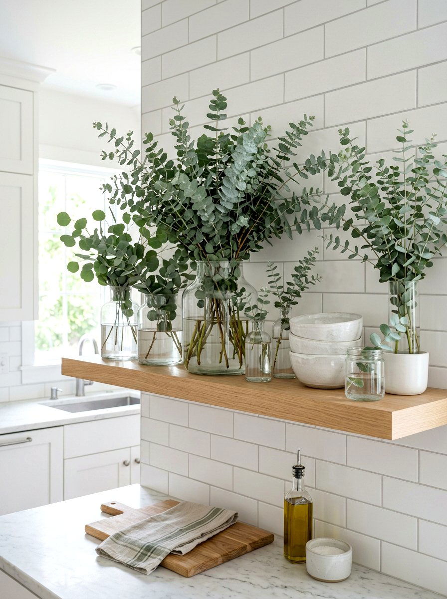 Eucalyptus kitchen shelf - 30 fall kitchen shelf decor ideas