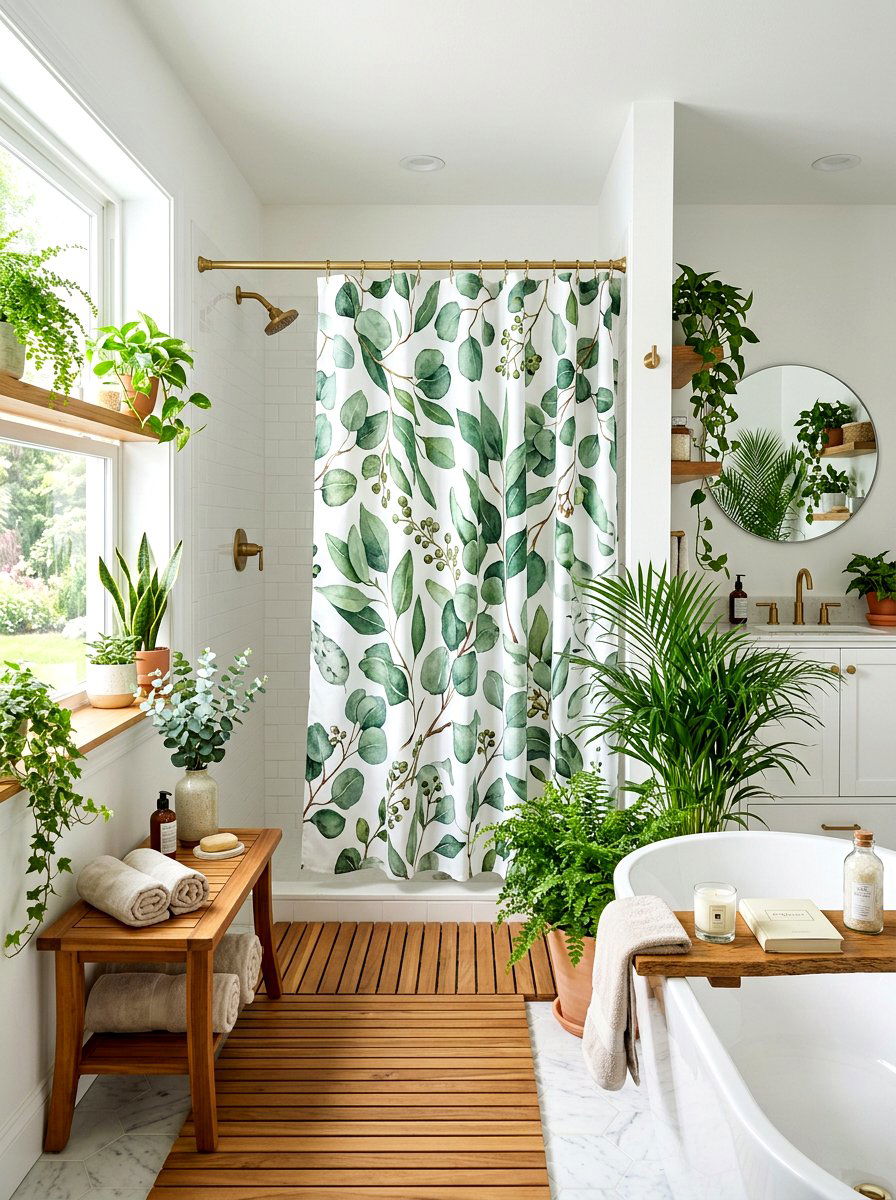 Eucalyptus print shower curtain - 30 shower curtain bathroom ideas