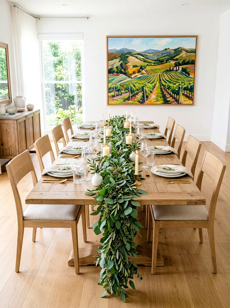 Eucalyptus runner wood table - 30 simple centerpiece dining ideas