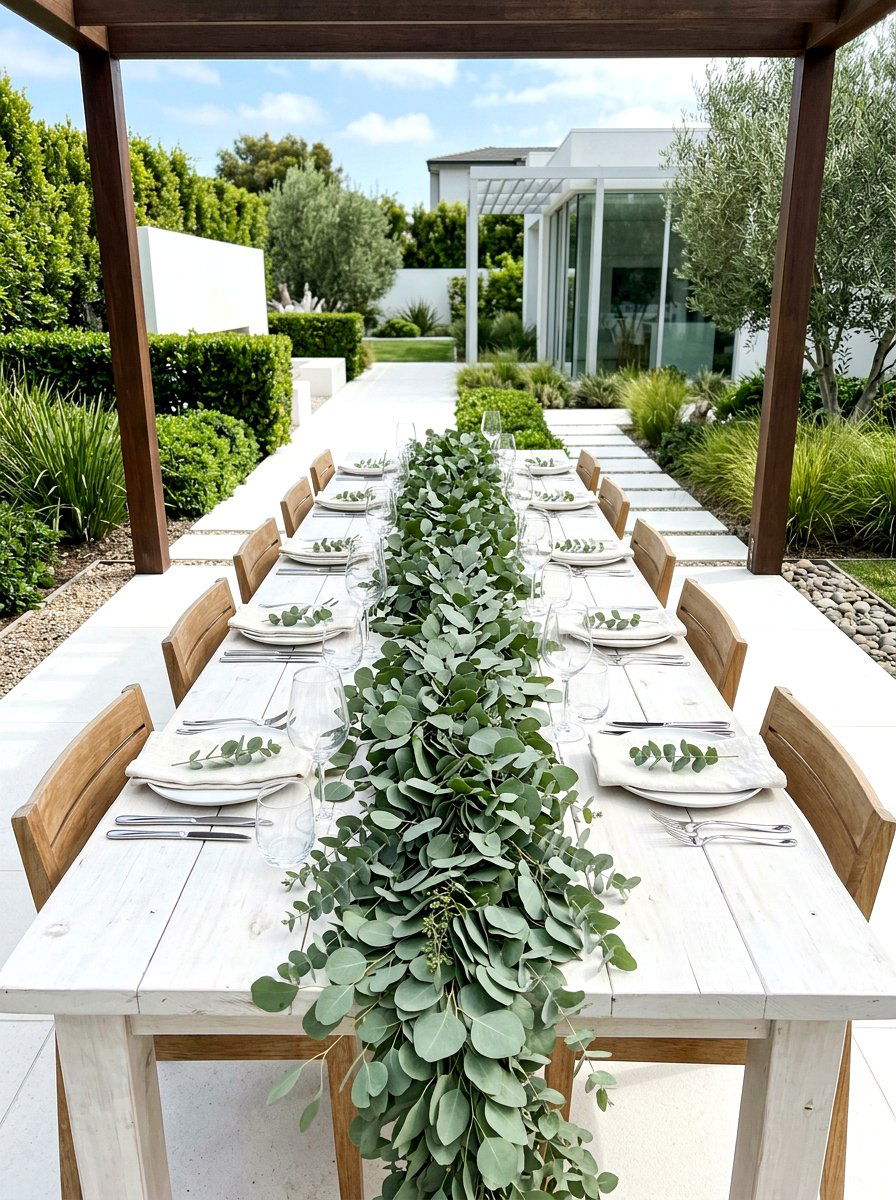 Eucalyptus table runner - 30 garden baby shower table ideas