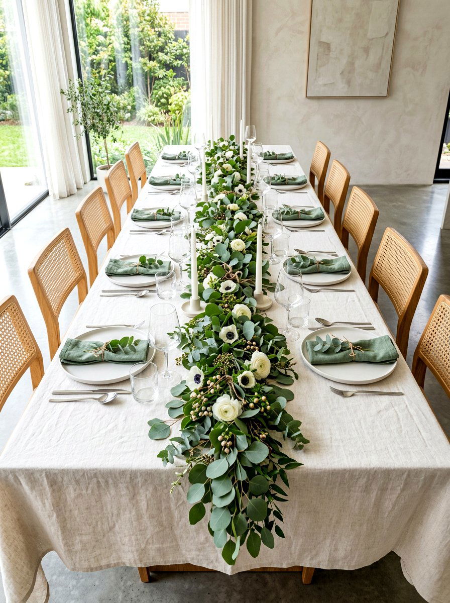 Eucalyptus white linen table - 30 summer patio tablescape ideas