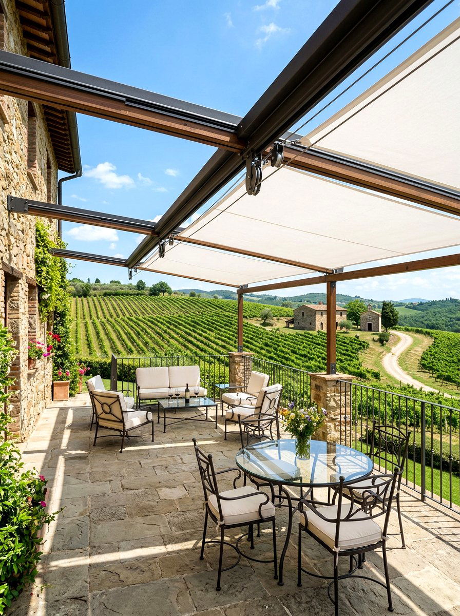 European Style Terrace with Retractable Sails - 30 rainproof patio ideas