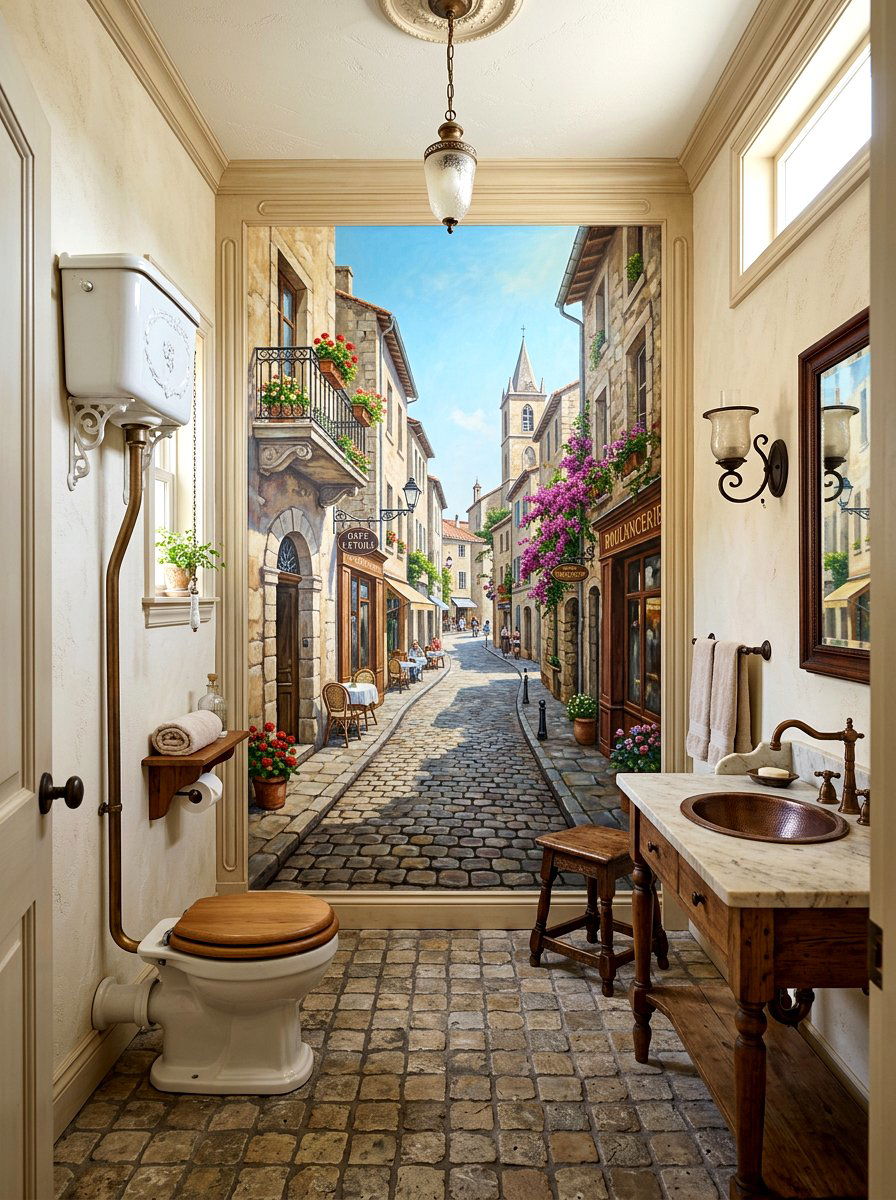 European city street bathroom mural - 30 mural bathroom ideas