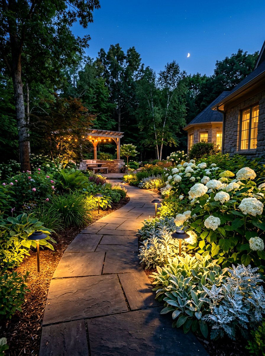 Evening Garden With Solar Lighting - 30 front porch flower bed ideas