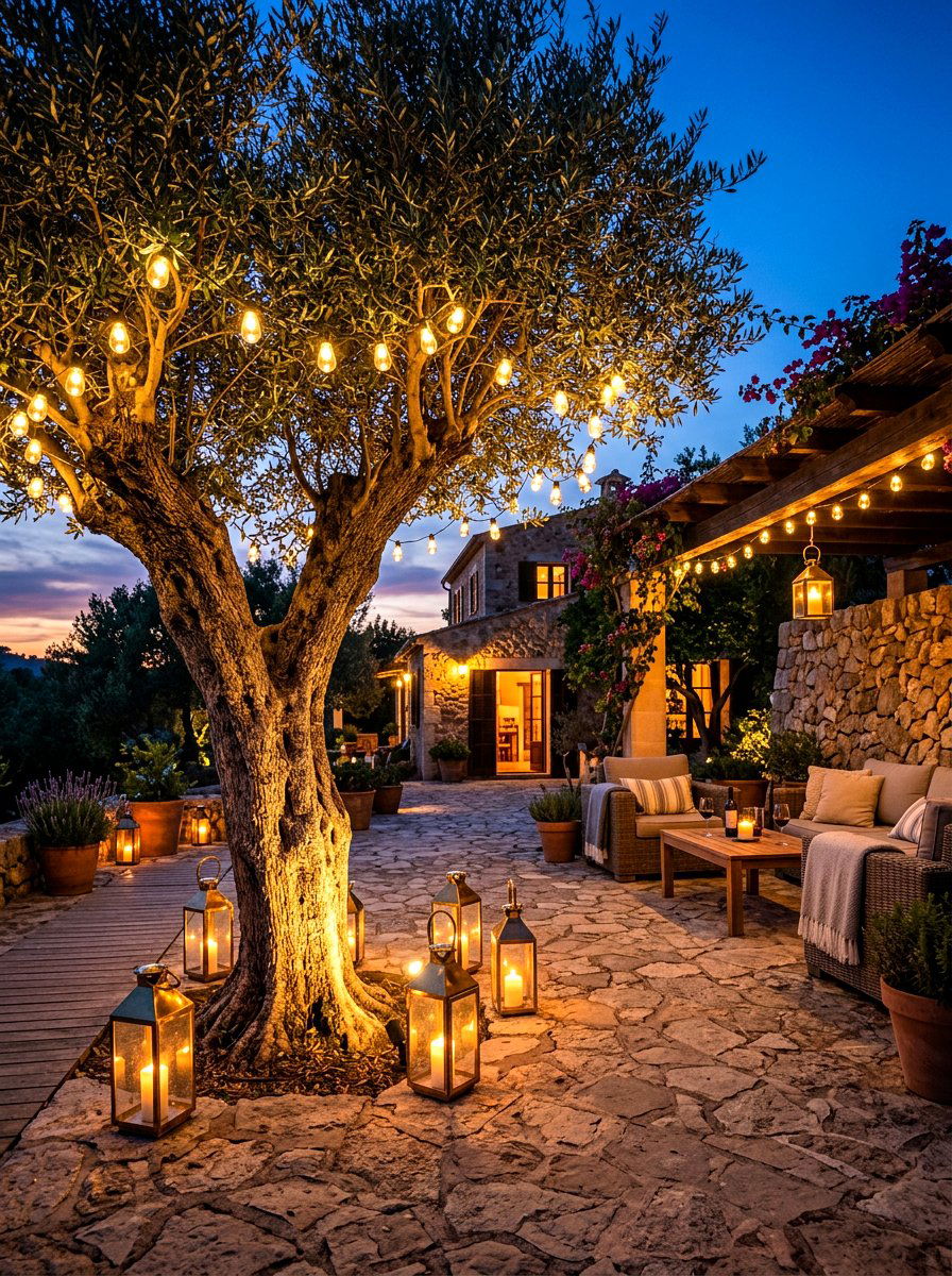 Evening Lighting Olive Tree Patio - 30 olive tree patio ideas