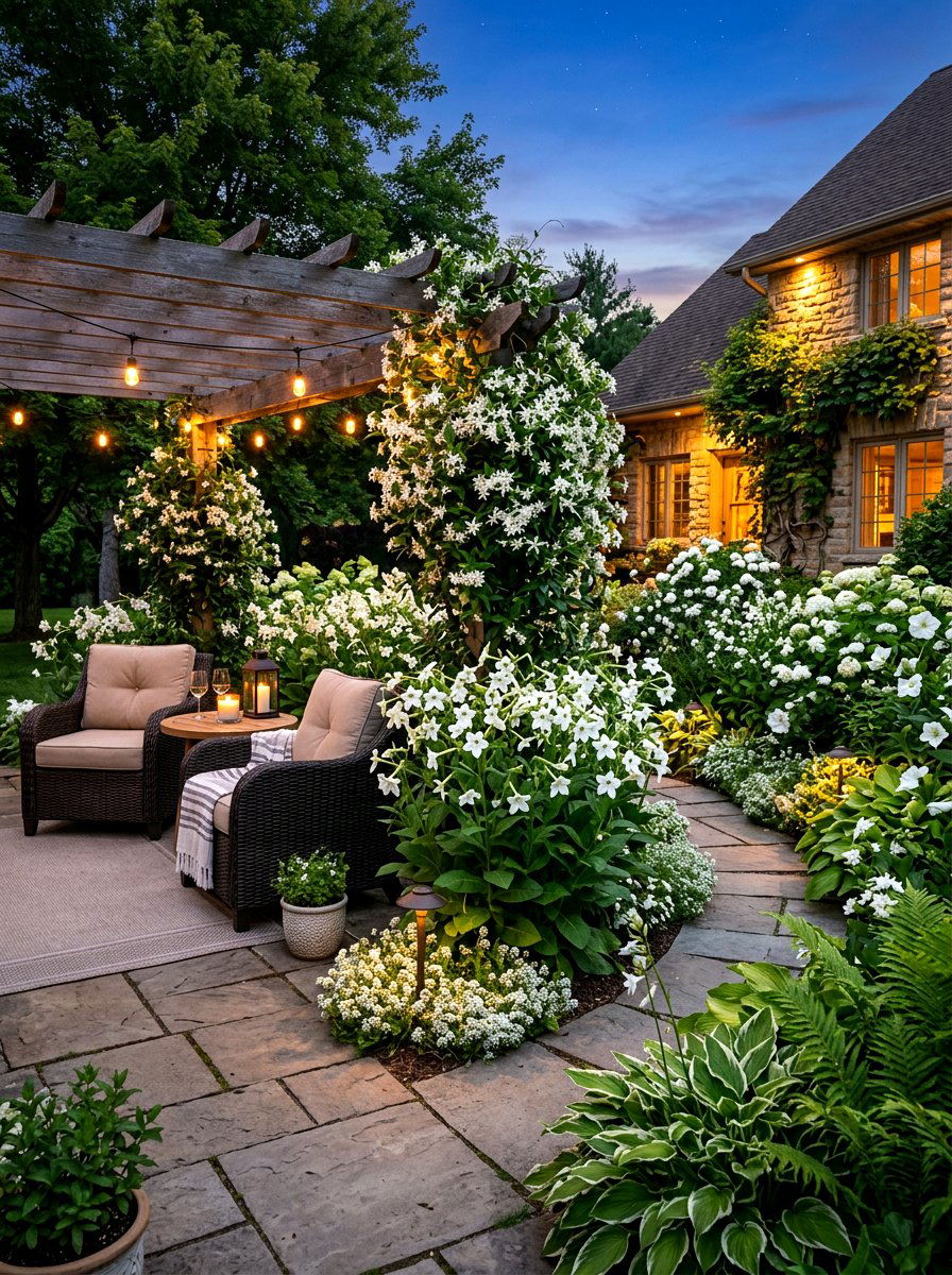 Evening Scented White Garden - 30 white bloom garden ideas