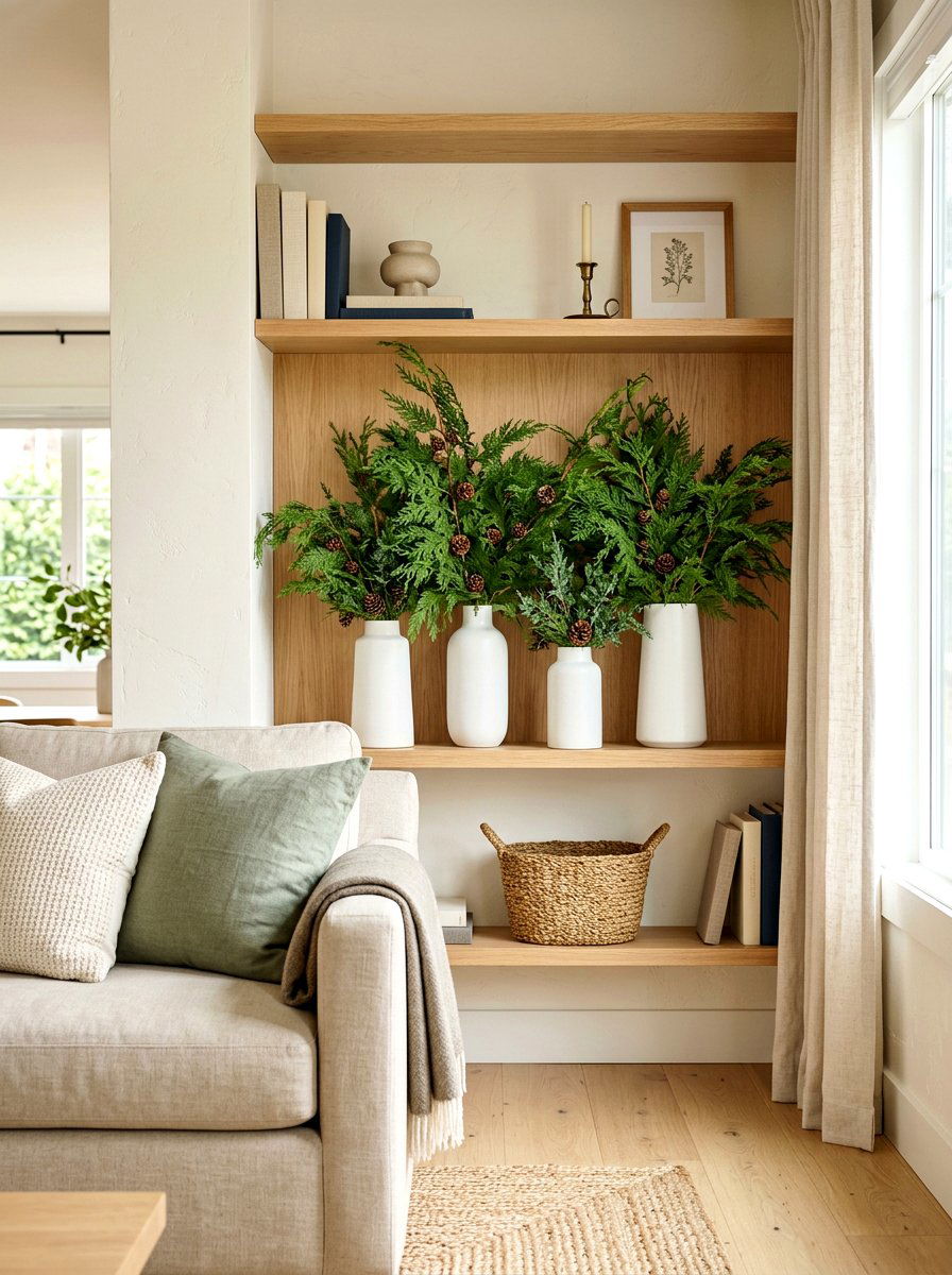 Evergreen Branch Shelf - 30 winter shelf styling ideas