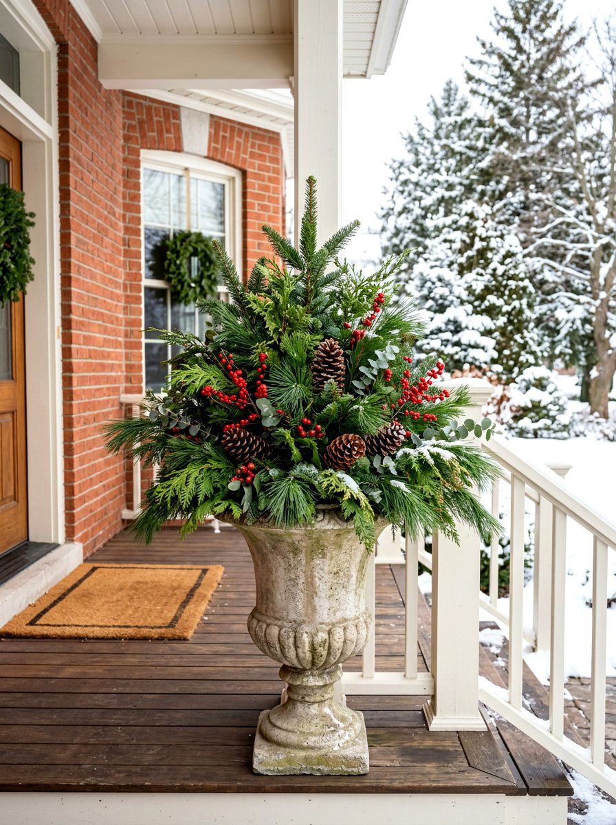 Evergreen Branches Tall Urn - 30 winter porch planter ideas