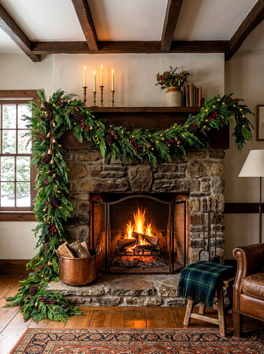 Evergreen Garland Mantel - 30 winter mantel decor ideas