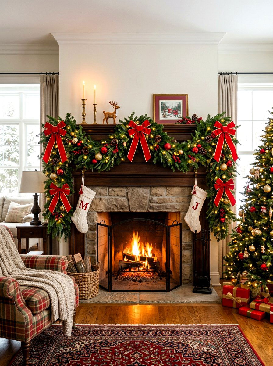 Evergreen Mantel - 30 holiday mantel garland ideas