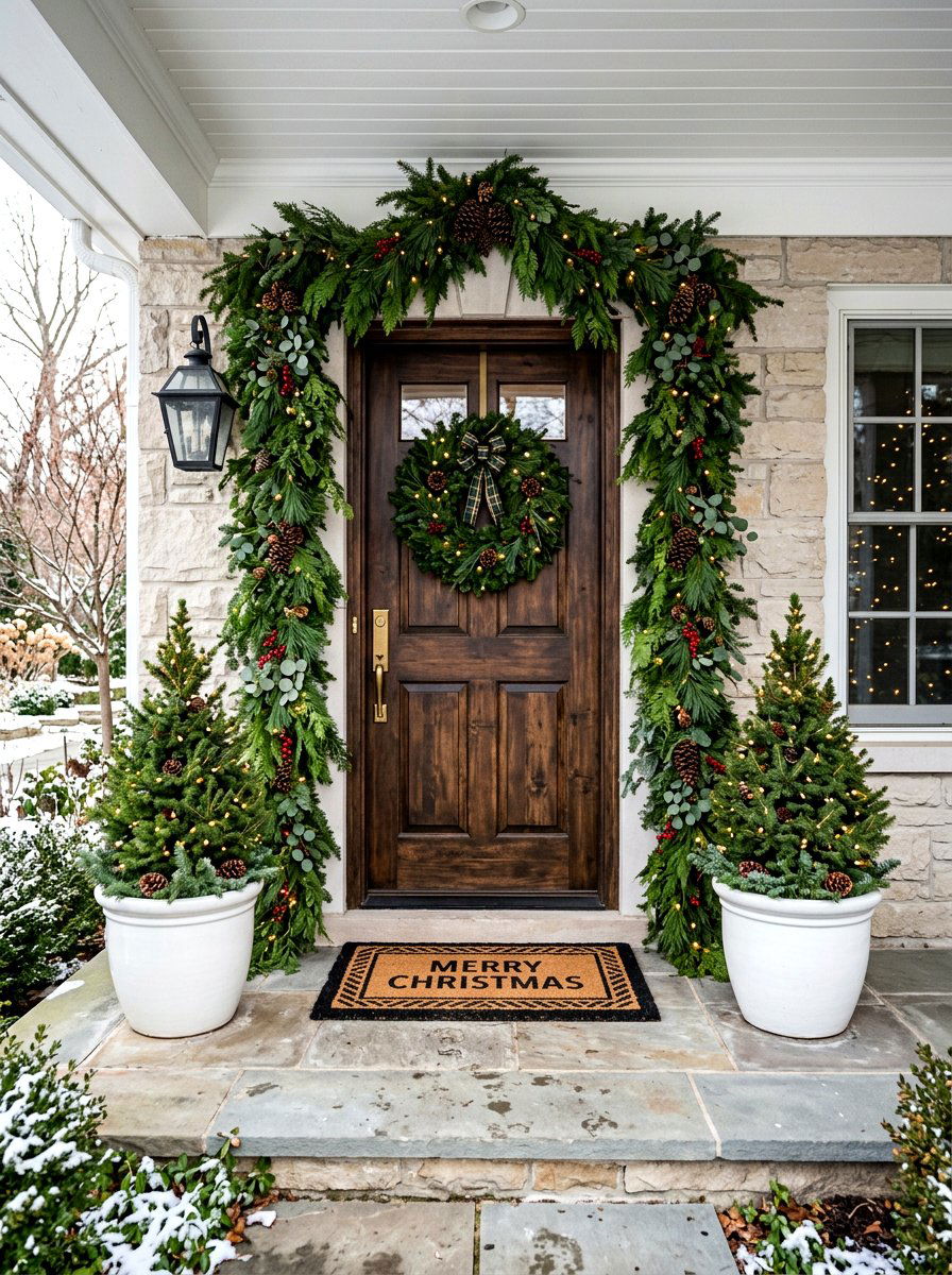 Evergreen Porch Garland - 30 winter front porch ideas