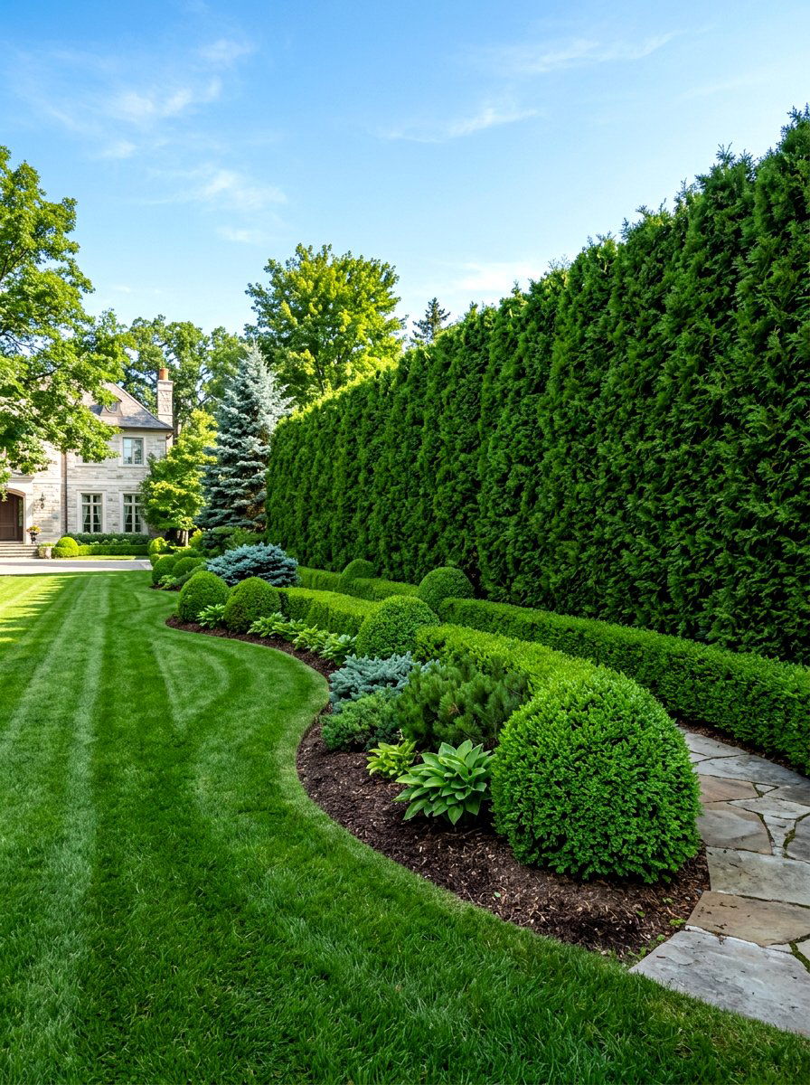 Evergreen Shrub Border - 30 low maintenance backyard landscaping ideas