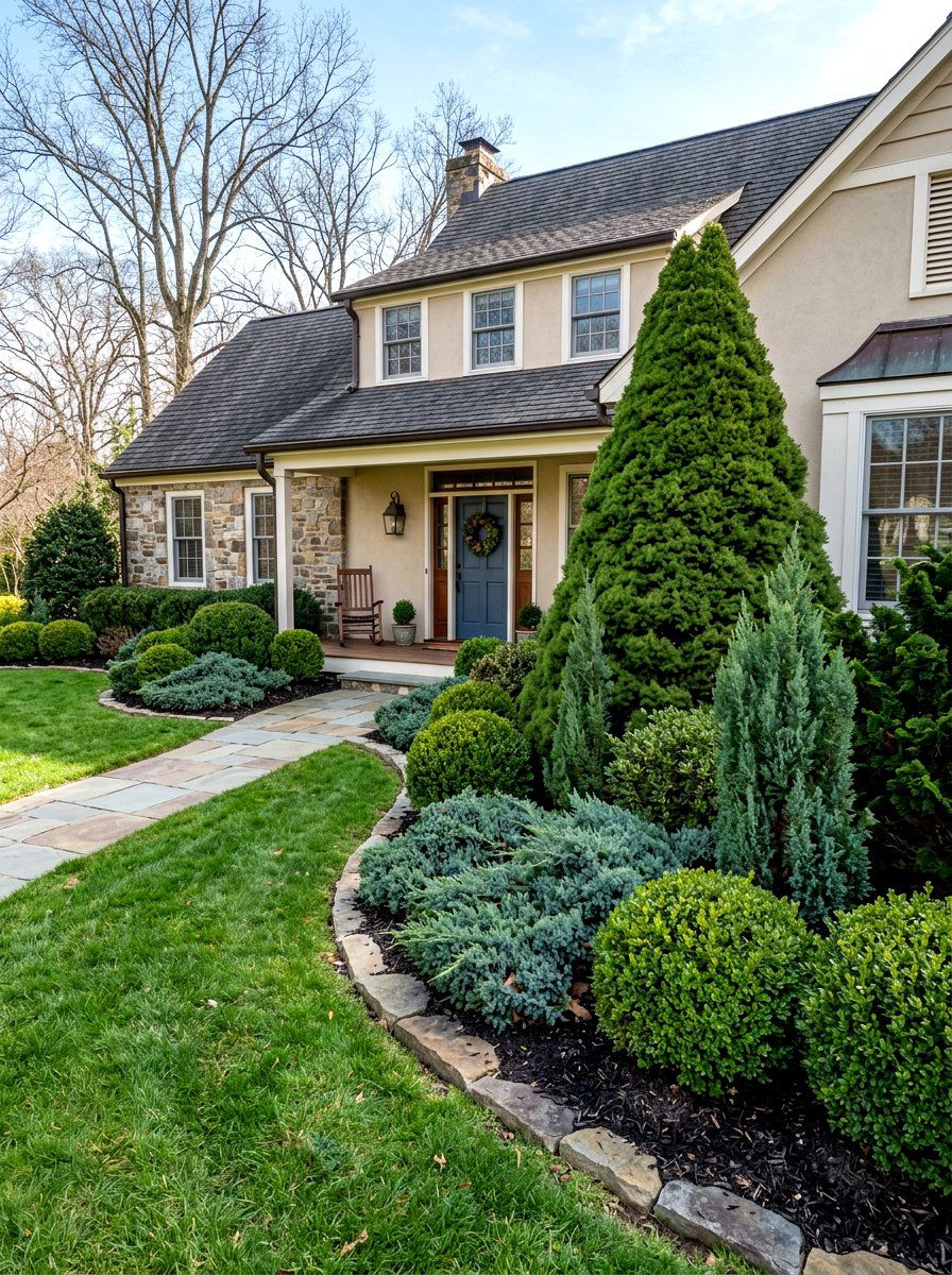 Evergreen Shrub Border - 30 asymmetrical front yard landscaping ideas