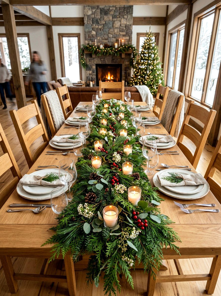 Evergreen Table Runner Decor - 30 holiday dining table ideas