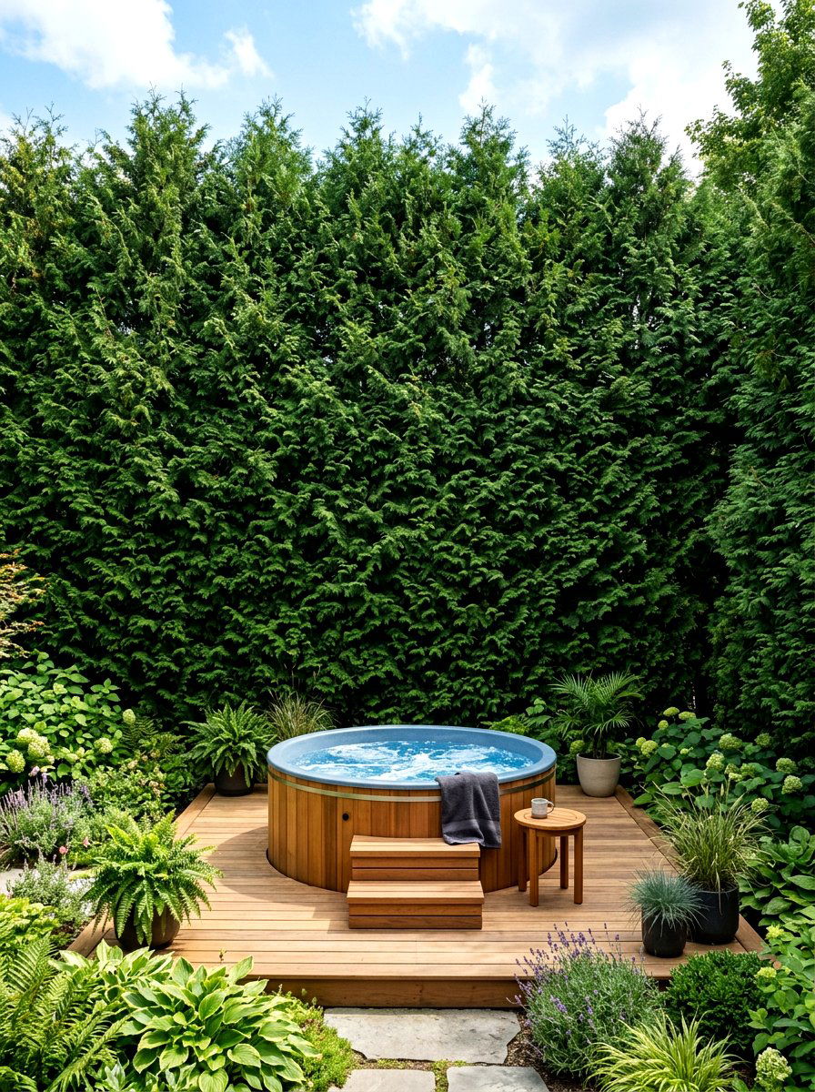 Evergreen Tree Line Barrier - 30 hot tub privacy fence ideas