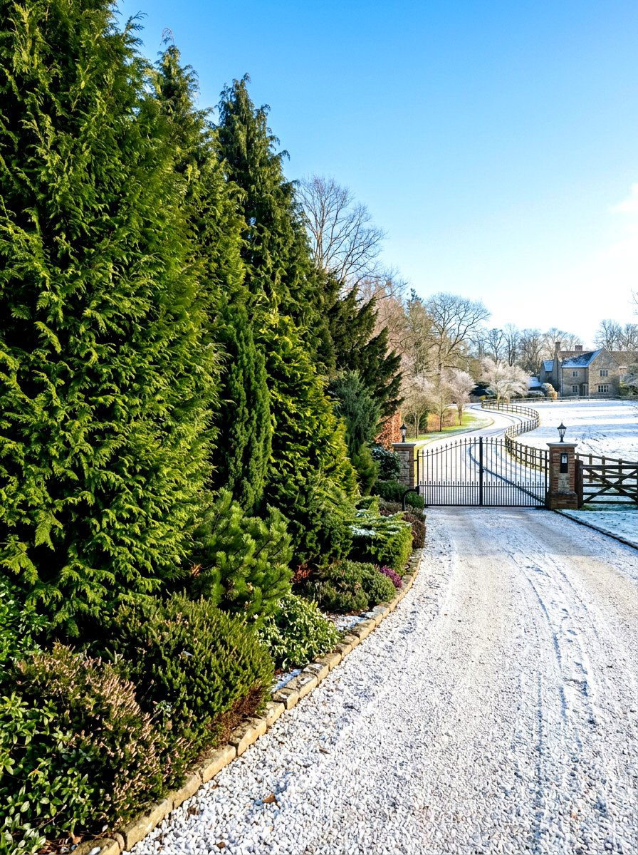 Evergreen driveway border - 30 driveway entrance ideas