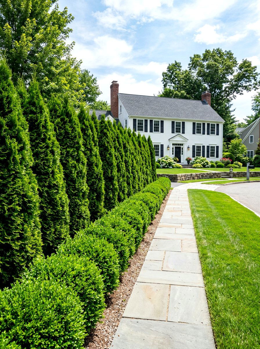 Evergreen shrub border - 30 low maintenance front yard ideas