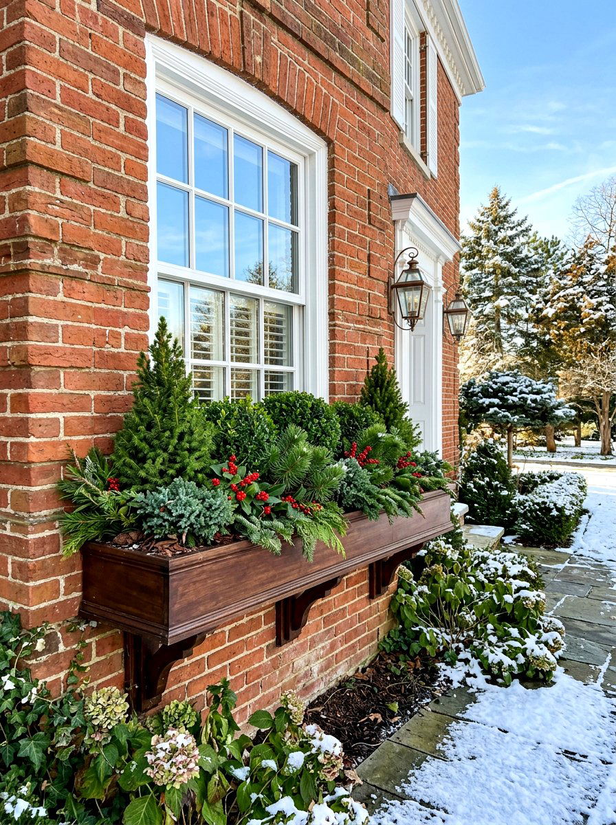 Evergreen window box - 30 front window planter ideas
