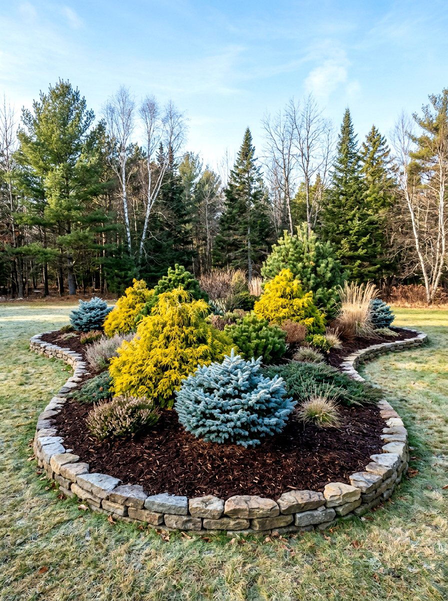 Evergreens and Mulch Island - 30 driveway island landscaping ideas