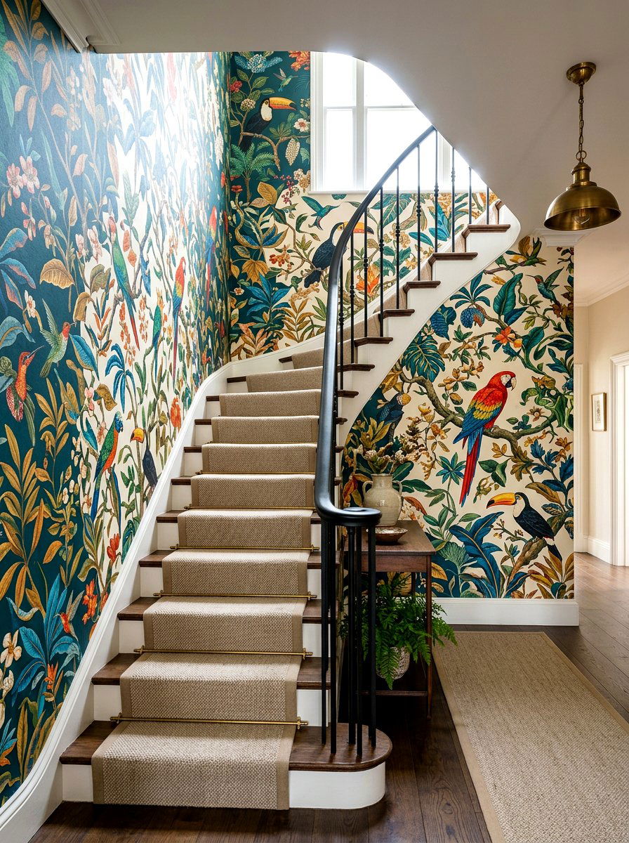 Exotic bird and vine stairs - 30 garden print wallpaper ideas