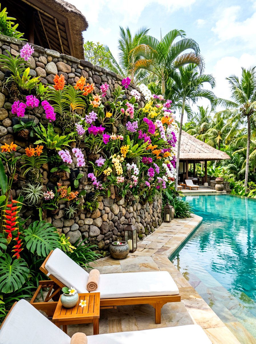 Exotic orchid wall - 30 tropical pool landscaping ideas