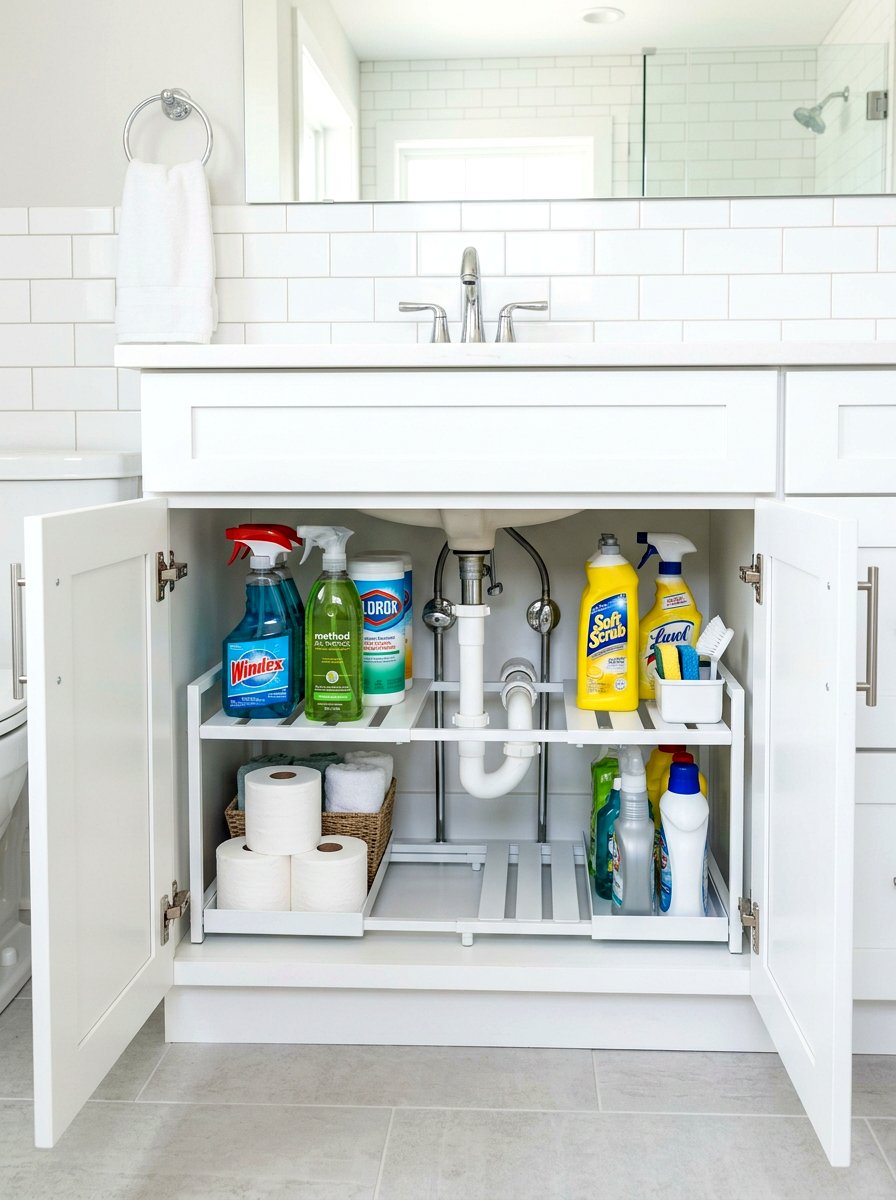 Expandable under sink shelf - 30 under sink bathroom storage ideas