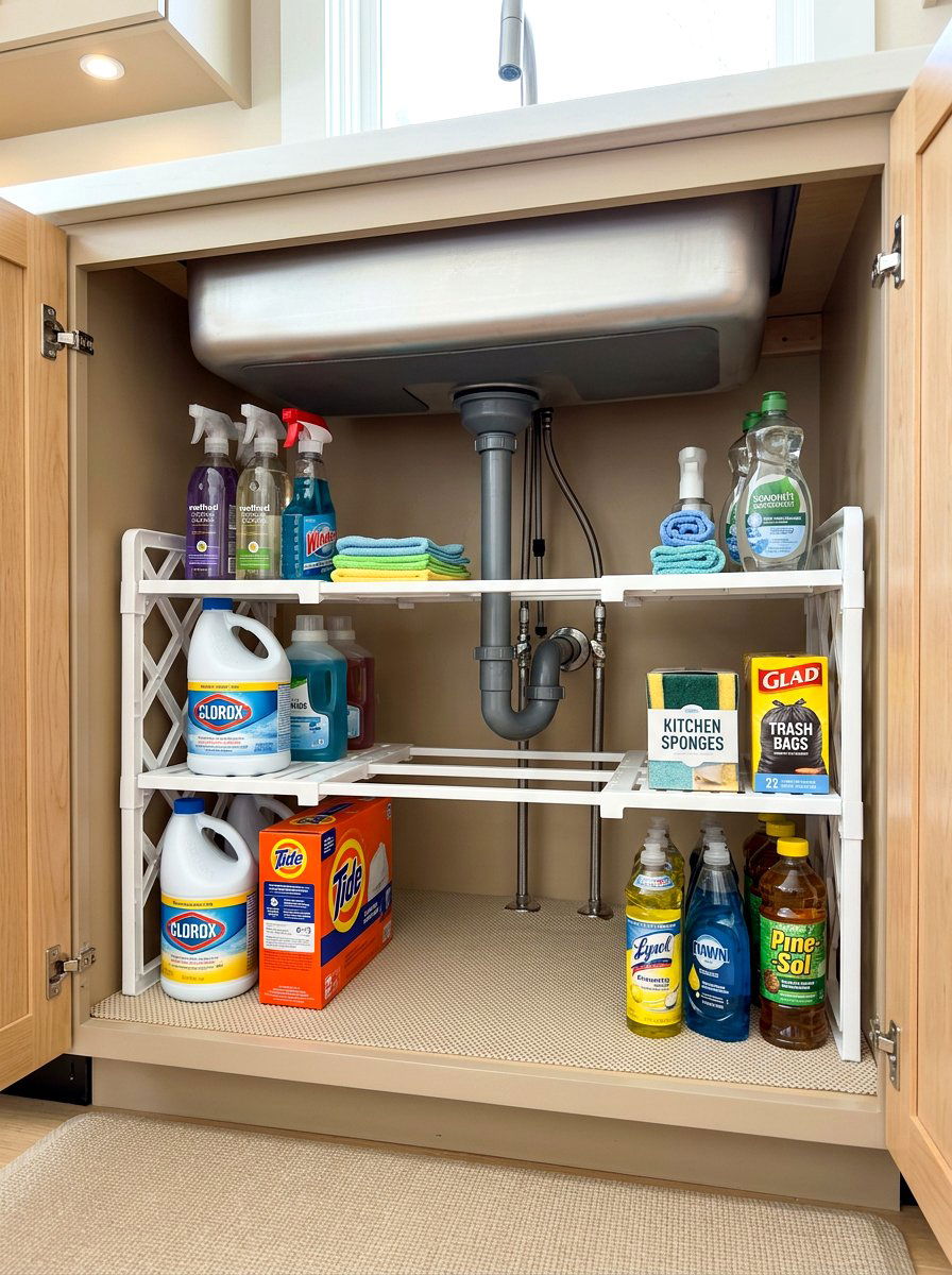 Expandable under sink shelving unit - 30 organizing under sink storage ideas
