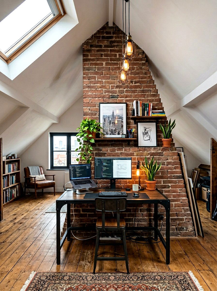 Exposed Brick Attic Workspace - 30 sloped ceiling office ideas