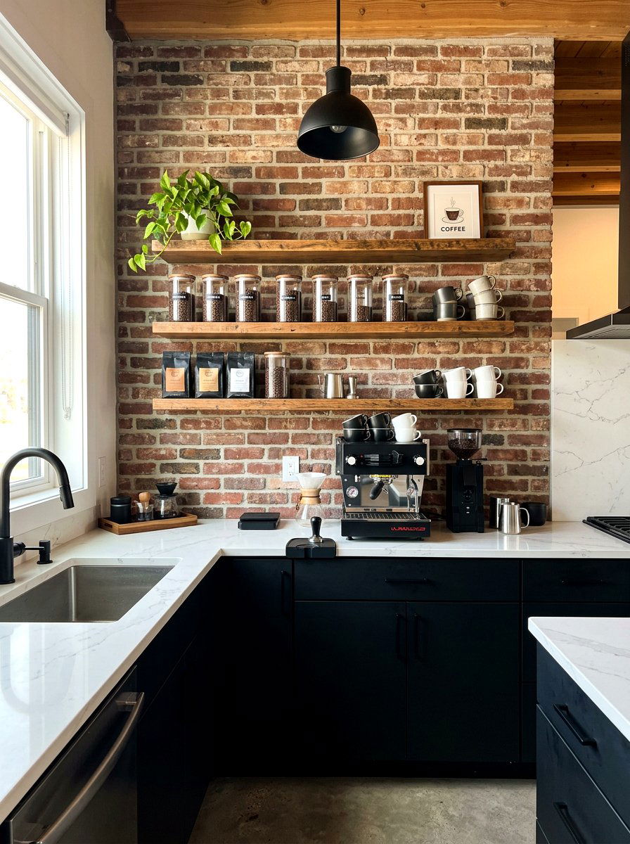 Exposed Brick Backsplash - 30 coffeehouse kitchen decor ideas