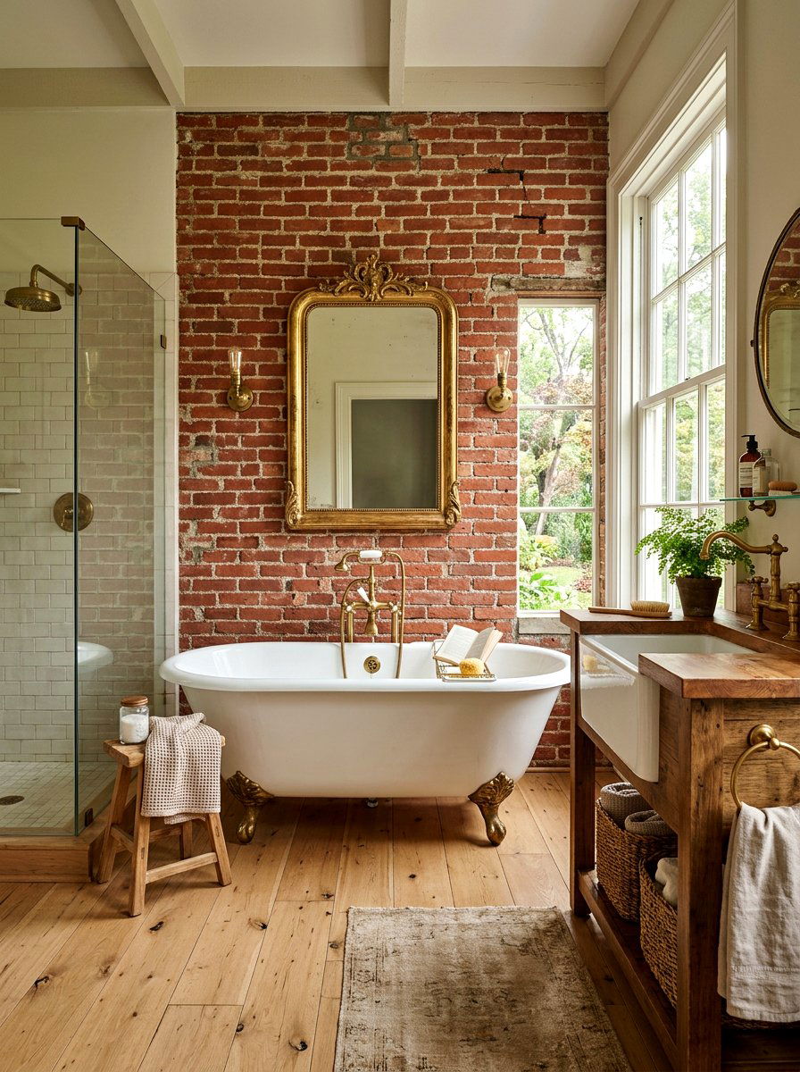 Exposed Brick Bathroom Accent Wall - 30 French country bathroom ideas