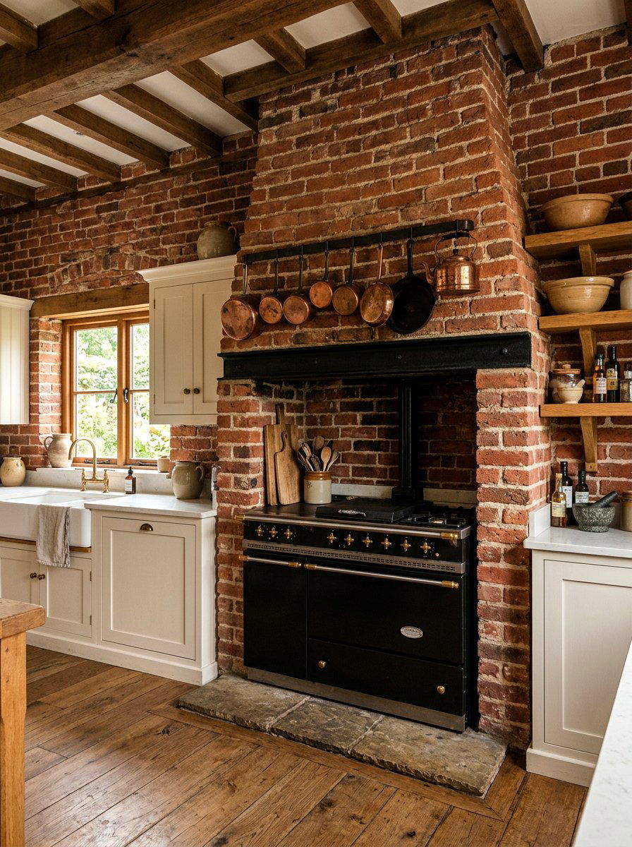 Exposed Brick Chimney - 30 vintage farmhouse kitchen ideas