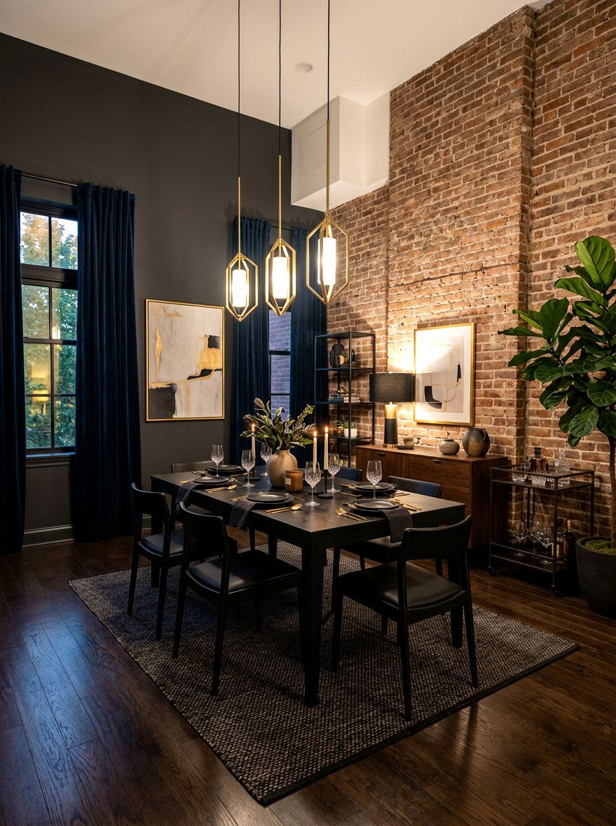 Exposed Brick Dark Moody Decor - 30 eclectic dining room ideas