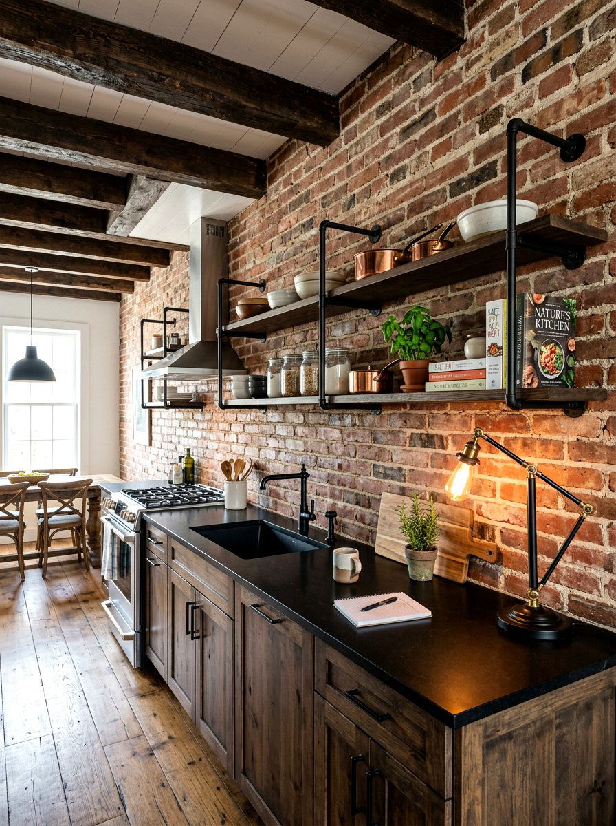 Exposed Brick Kitchen Wall - 30 moody lamp lit kitchen ideas