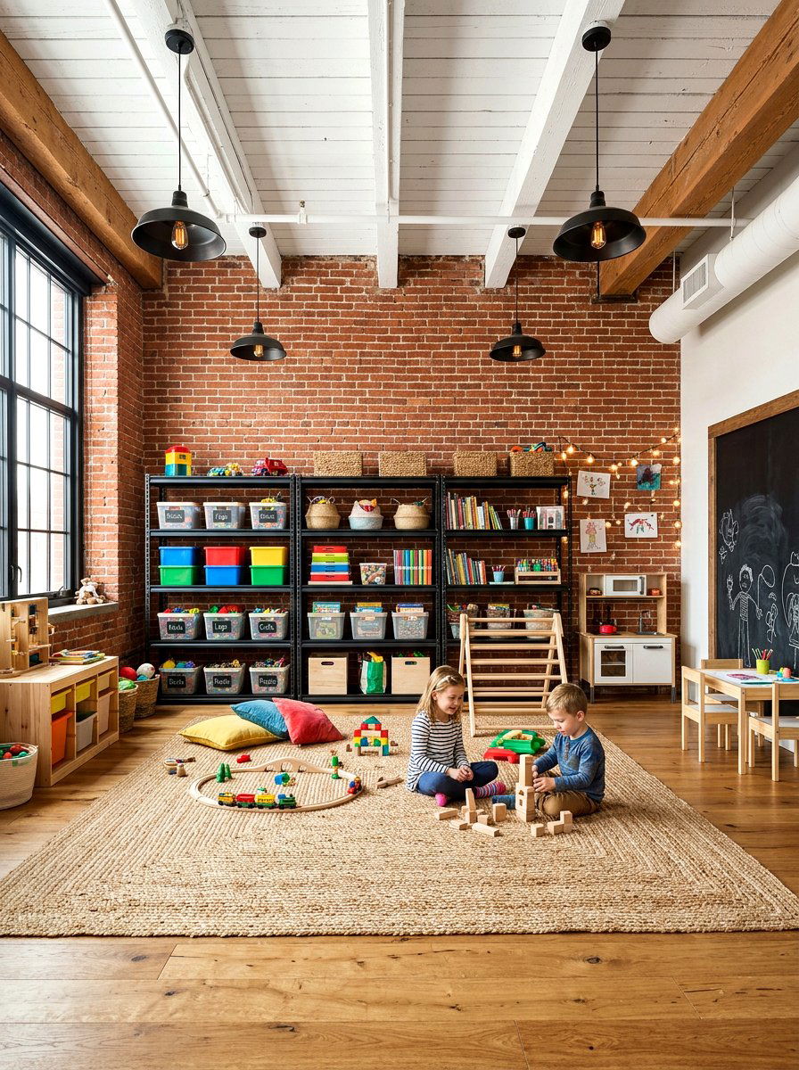 Exposed Brick Playroom - 30 basement playroom ideas