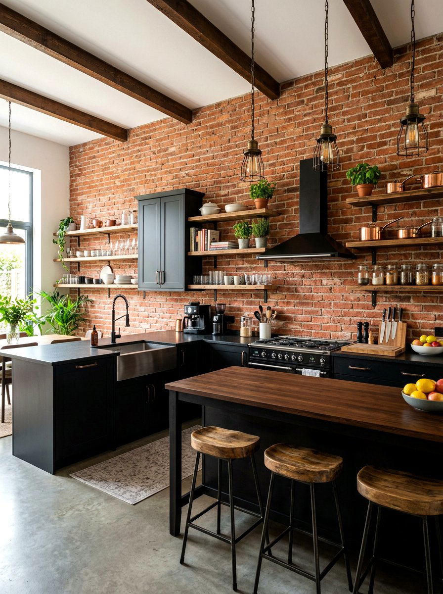 Exposed Brick Wall - 30 bistro kitchen ideas