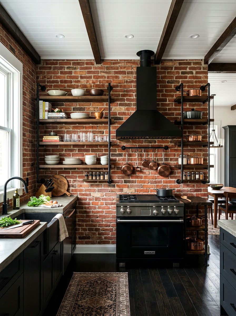 Exposed Red Brick Kitchen Wall - 30 moody cottage kitchen ideas