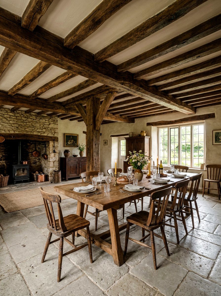 Exposed Rustic Ceiling Beams - 30 French country dining room decor ideas