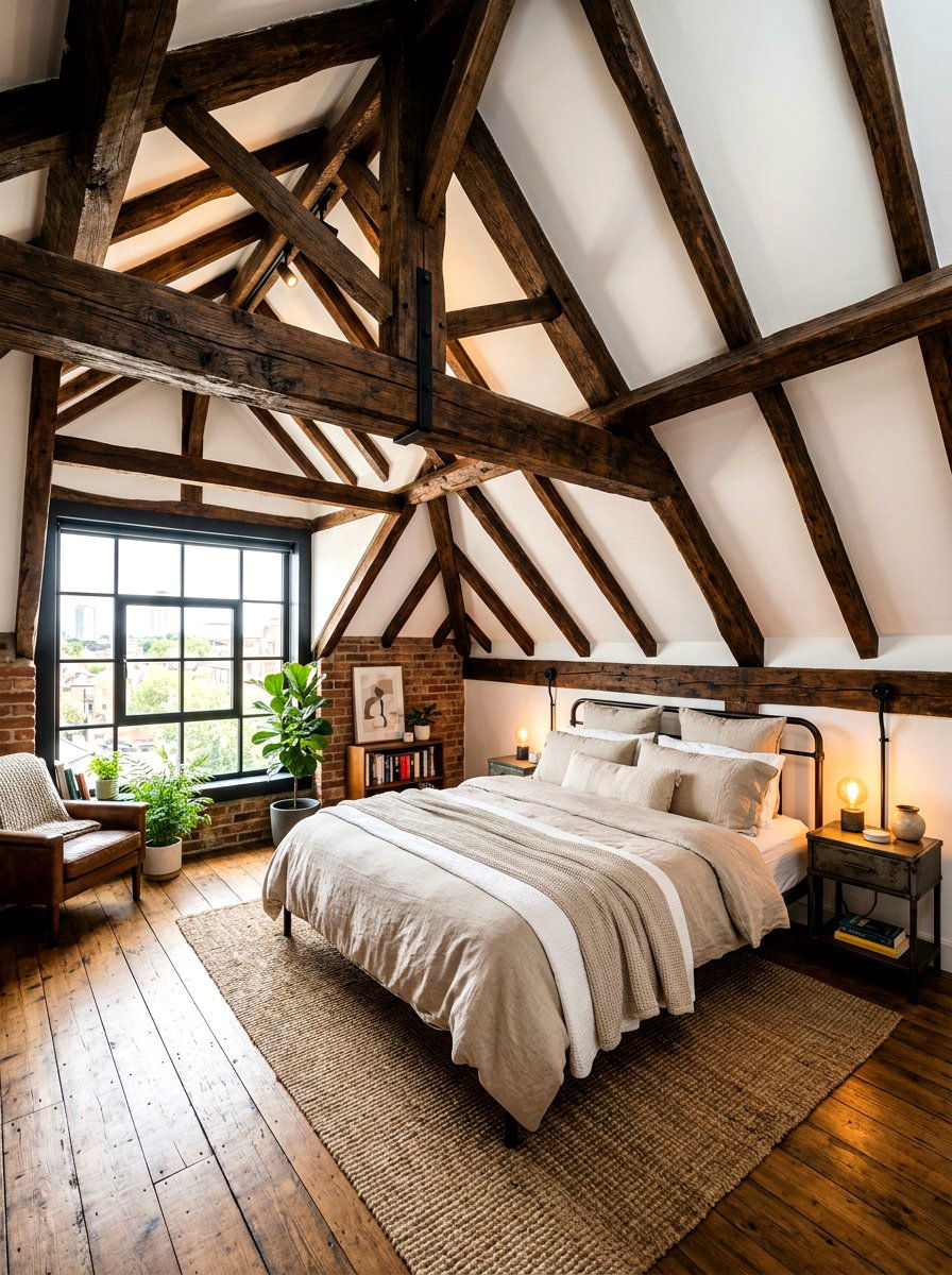 Exposed Wood Beams - 30 sloped ceiling bedroom ideas