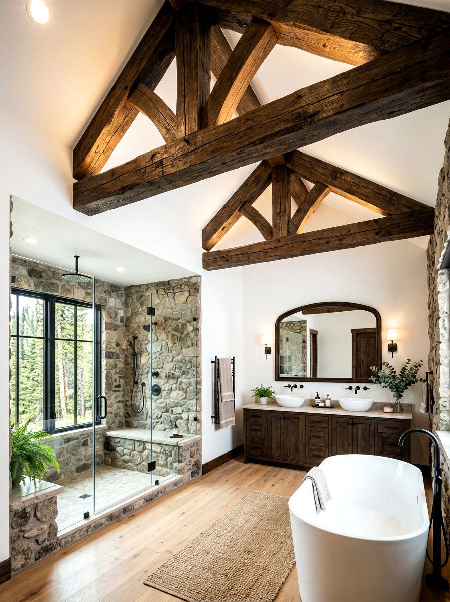 Exposed Wood Beams - 30 cabin bathroom ideas